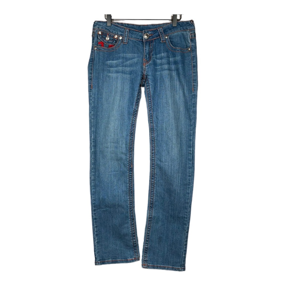 True Religion Low Rise Joey Super T Red Stitching Pocket Straight Leg Sz 28